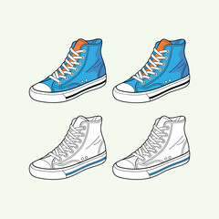 Collection of blue high top sneakers in watercolor and sketch styles