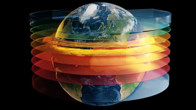 Earth globe with layered colorful rings around it on a dark black plain simple background