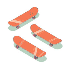 Three orange skateboards arranged in a pattern on a white background