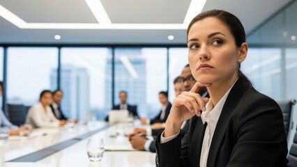 Confident young female leader in serious business meeting in modern office
