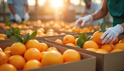 Workers hands wear gloves, pack fresh oranges into cardboard boxes. Sunny light illuminates fruit at food processing plant. People sort citrus harvest for shipment, delivery. Industrial agriculture