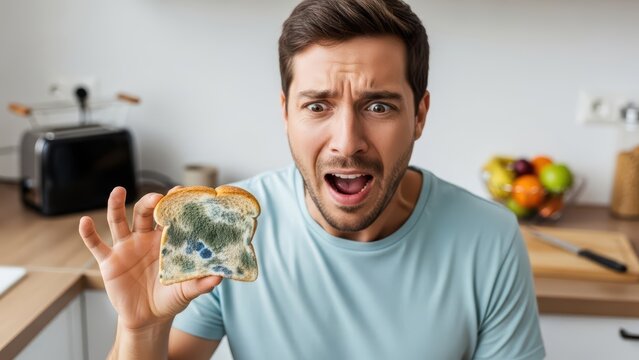 Young male shocked by moldy bread in kitchen with surprised expression