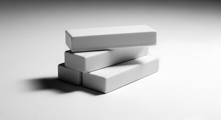 Three white rectangular blocks stacked on a white surface, creating a minimalist composition with dramatic shadows