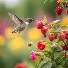 A hummingbird flying near ripe raspberries with a vivid floral background