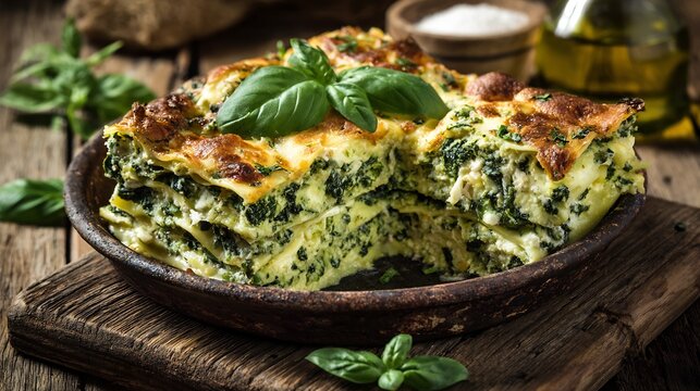 Layered Italian lasagna verdi spinach pasta sheets served in a rustic baking dish on a wooden farmhouse table with fresh basil garnish