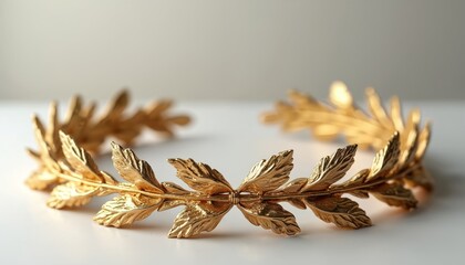 Golden laurel wreath is on white background. It represents achievement. Winner in sport competition, high score at school or university. Symbol of power, success, triumph and victory concept.