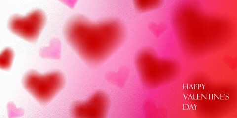 Dreamy Valentines Day background ou modern art poster with blurred red and pink hearts floating across a warm gradient under glass. Invitation, banner ,cover. Wavy pink layout vector template.