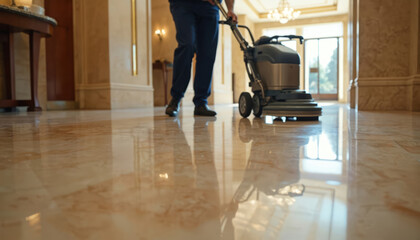 Man cleans polished marble floor with floor buffer machine. Pro cleaner works in elegant lobby or hallway. Interior upkeep creates spotless shiny surface.