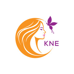 KNE Elegant Beauty Woman Logo. KNE with Butterfly  Salon & Spa Branding.  KNE Luxury Beauty Icon Design.

