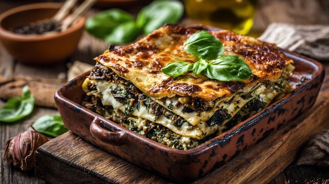 Layered Italian lasagna verdi spinach pasta sheets served in a rustic baking dish on a wooden farmhouse table with fresh basil garnish