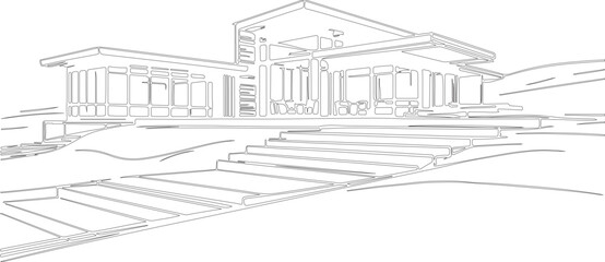 Fototapeta premium sketch of building or line art or silhouette of modern architecture building made by hand drawn geometric lines.