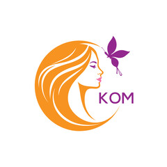 KOM Elegant Beauty Woman Logo. KOM with Butterfly  Salon & Spa Branding.  KOM Luxury Beauty Icon Design.
