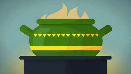 Green cooking pot with flames rising above on a stand