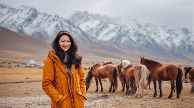 portrait of a beautiful woman smiling, with horses in the background on mountains during the golden hour. - Powered by Adobe