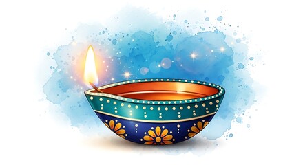 Hand-Painted Traditional Indian Diya with Floral Patterns and Burning Flame on Soft Blue Artistic Background for Festival of Lights Decoration