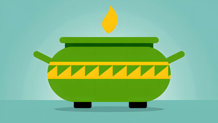 Green pot with yellow flame and decorative band