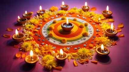 Vibrant diwali rangoli with diya lamps and marigold flowers