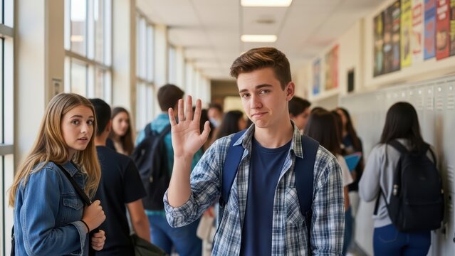 Teenage boy waving in school hallway with backpack and female student nearby - Powered by Adobe