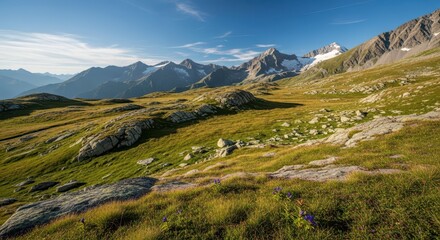 Naklejka premium Majestic alpine meadow slopes gently toward distant snowcapped peaks under a bright summer sky