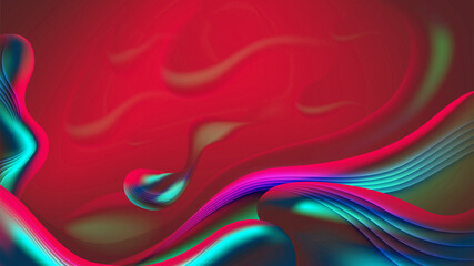 Dynamic abstract background featuring flowing multicolored waves in teal, cyan, pink, and purple over a rich red backdrop. Smooth curves, gradients, and soft lighting create a modern