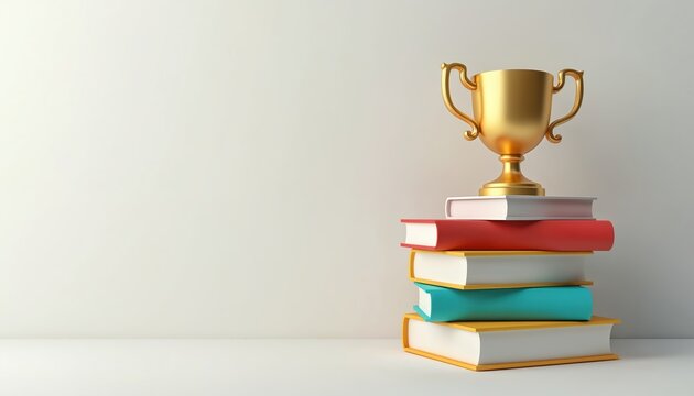 Golden trophy atop stack of colorful books signifies academic achievement, learning success. Represents victory in education, knowledge, scholarship. Award for student excellence, competition.