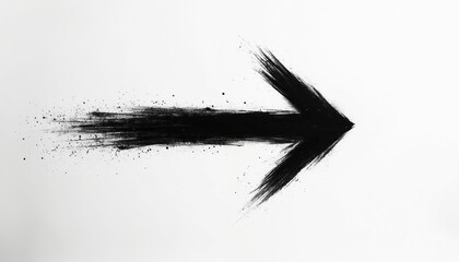 Black brushstroke arrow points right on clean white background. Paint splatters add dynamic grunge art texture. Powerful visual shows direction, progress, forward movement, navigation concept.
