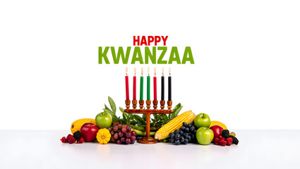 Happy kwanzaa celebration with kinara and fresh fruits on white background