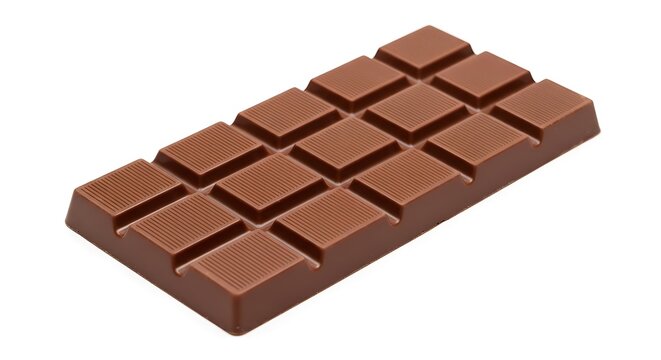 A single bar of milk chocolate, segmented into squares, isolated on a white background