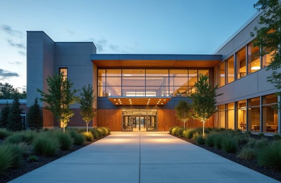 Modern building exterior with contemporary architecture at dusk. Illuminated facade with large glass windows, wood paneling. Walkway leads to main entrance of university campus corporate office