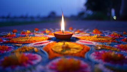 Traditional indian oil lamp lit on a colorful rangoli design at dusk