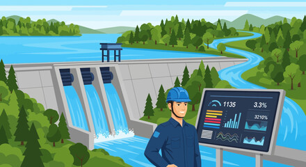 Modern Hydroelectric Dam Power Plant with Engineer Monitoring Digital Data