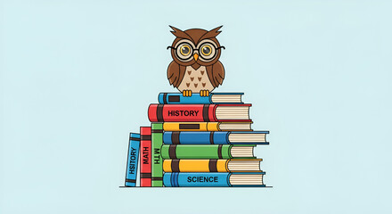 Vector Cartoon Owl with Glasses Sitting on Stack of Educational Books.