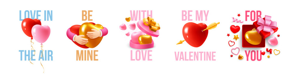 Obraz premium Set of Valentines Day poster, cover, banner or greeting card templates. Romantic cute design, 3d realistic conceptual objects, hearts, gifts, balloons and typography lettering. Vector illustration