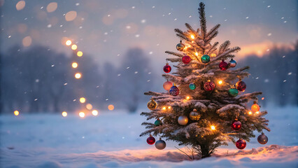 A festive christmas tree glows in a snowy winter landscape