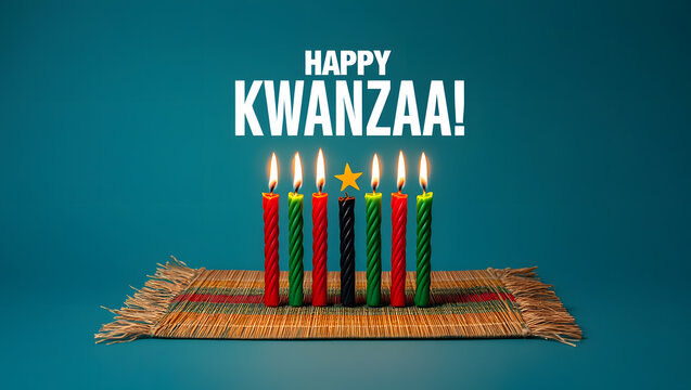 Happy kwanzaa celebration with kinara and lit candles