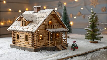 Charming wooden cabin model nestled in a snowy winter wonderland