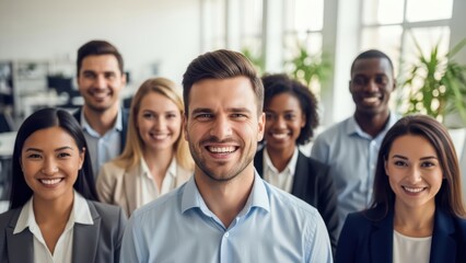 Diverse group of young professionals smiling in office setting