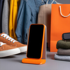 Smartphone on Orange Charging Stand with Clothing and Accessories