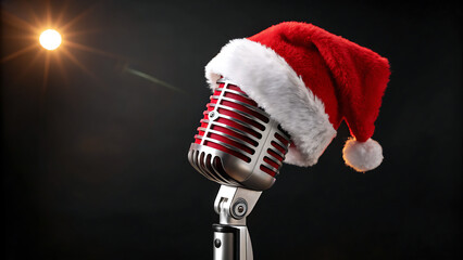 A vintage microphone wearing a santa hat with a bright light
