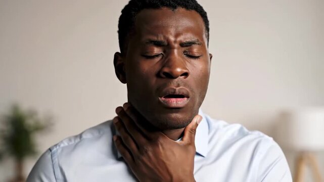 Serious Facial Expressions Show Man's Reaction to a Sore Throat Feeling, Close Up Views