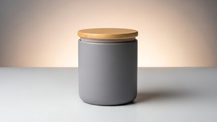 Minimalist Gray Jar with Wooden Lid on White Surface.