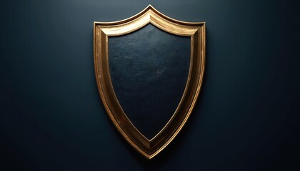 Elegant golden shield with black textured surface isolated on dark background. Symbol represents protection, security, prestige. Versatile graphic element for various design needs. Use emblem for