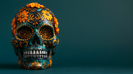 Decorated Day of the Dead Sugar Skull on Dark Background with Copy Space