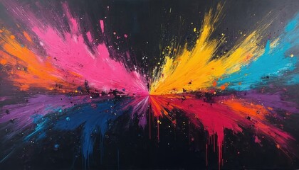Vibrant abstract painting explodes with intense color against dark background. Bold strokes create dynamic visual impact, evoke powerful emotion. Artwork offers striking backdrop for digital design