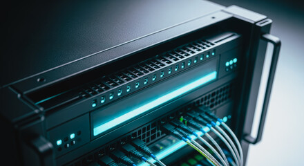 A high-tech server rack, with its glowing lights, represents the backbone of modern technology, storing and processing data. Showing its power and reliability.