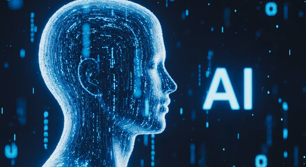 An artistic rendering of a human silhouette, with a digital overlay representing the concept of Artificial Intelligence, against a technological backdrop.