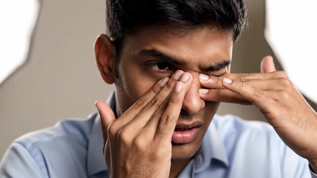 Serious Man Rubs His Eyes, Expressing Discomfort and Irritation in a Close-Up Shot