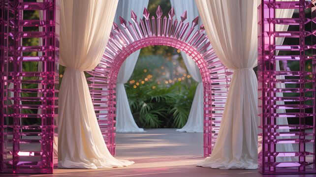 Luxury Pink Crystal Wedding Arch with Draped White Curtains