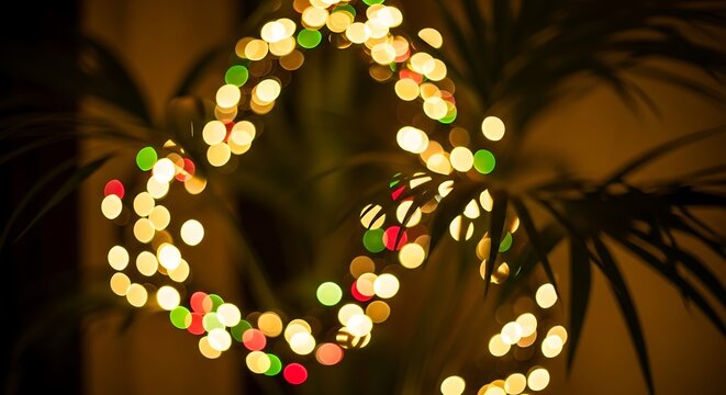 Twinkling Indoor Decor Cozy night scene with sparkling LED fairy lights forming an abstract shape amidst dark foliage, evoking comfort and holiday cheer - Powered by Adobe