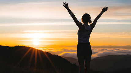 Fototapeta premium Happy Woman with Raised Arms at Sunrise in Mountains, Feeling Freedom and Energy